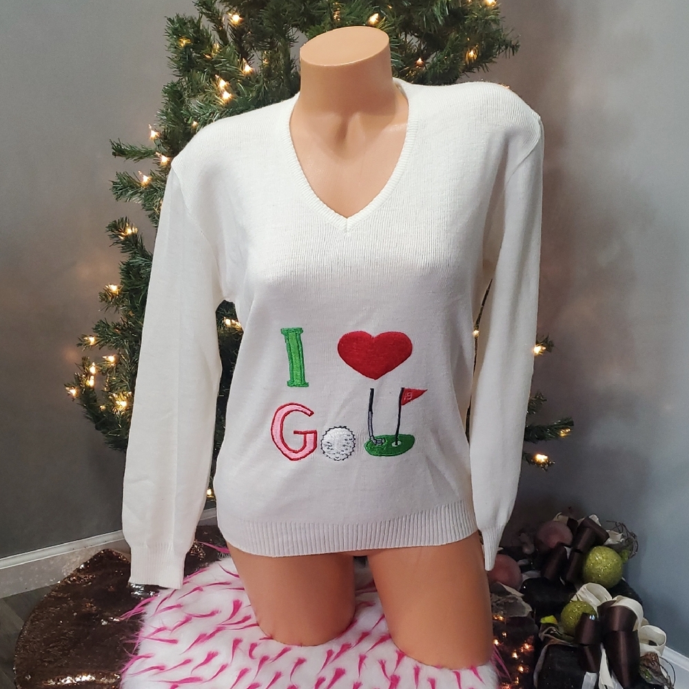Rare Vintage 70s LaMode Du Golf I Love To Golf v neck sweater XL NWOT